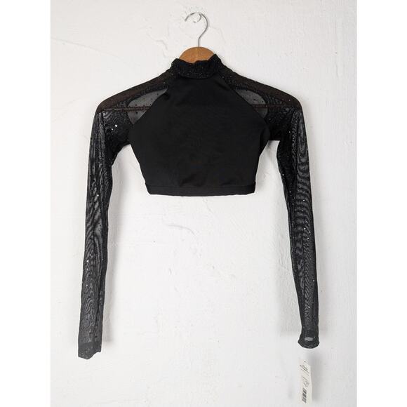 NWT Body Wrappers Dance Top XS Black Silver Sequins Mesh Sheer Long Sleeve Crop - Picture 1 of 4